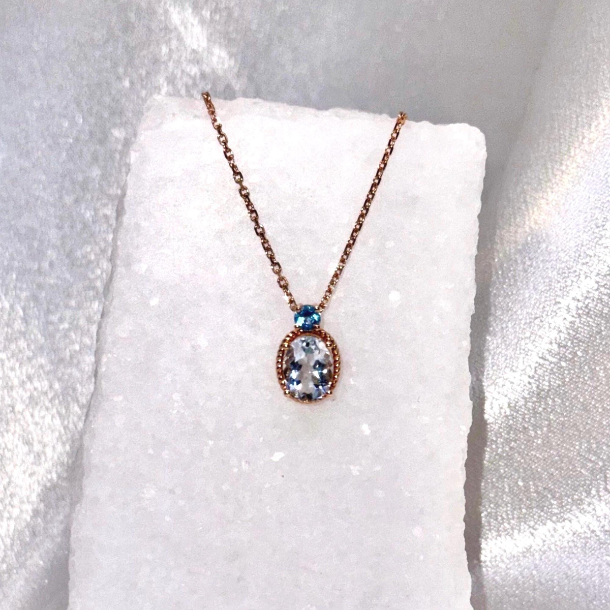 18k Rose Gold Aquamarine Blue Topaz Pendant Necklace, March Birthstone Gift