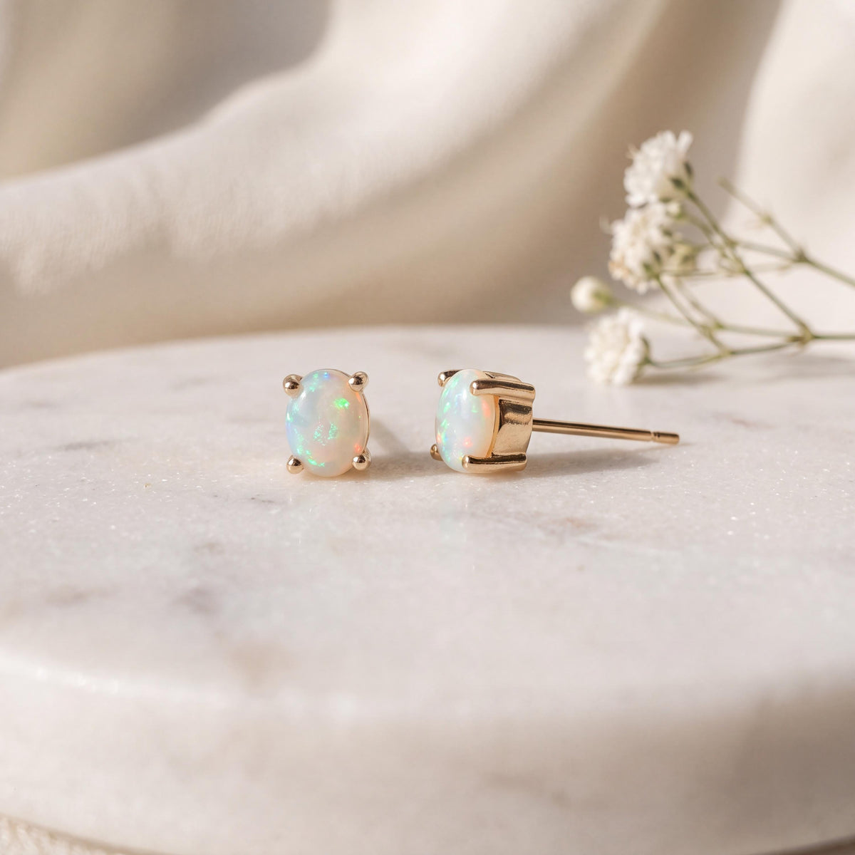 14k Solid Gold Oval Opal Stud Earrings, October Birthstone, Untreated Natural Gemstone