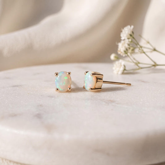 14k Solid Gold Oval Opal Stud Earrings, October Birthstone, Untreated Natural Gemstone