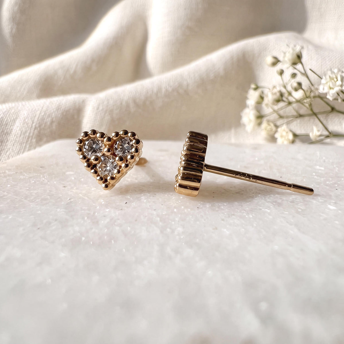 Genuine Diamond Heart Stud Earrings, 18k Yellow or Rose Gold, April Birthstone, Gift for Her