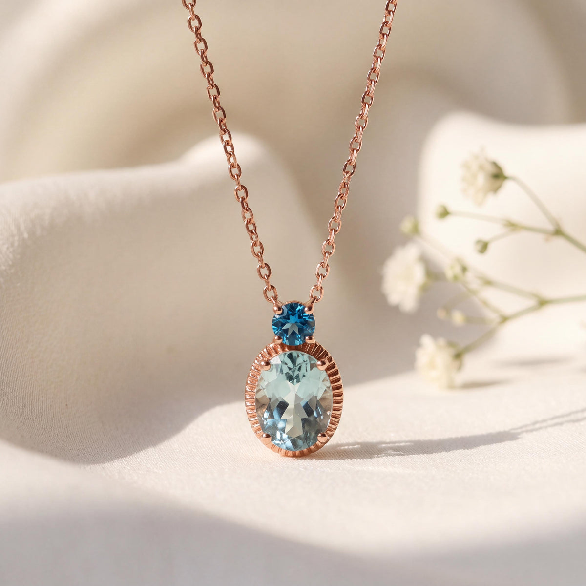 18k Rose Gold Aquamarine Blue Topaz Pendant Necklace, March Birthstone Gift