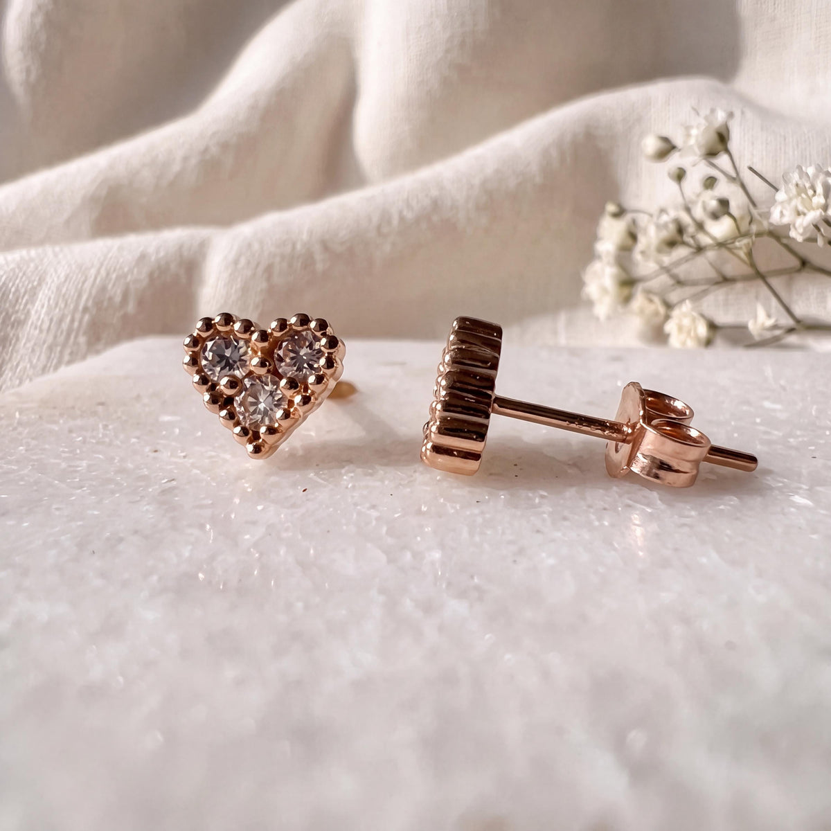 Genuine Diamond Heart Stud Earrings, 18k Yellow or Rose Gold, April Birthstone, Gift for Her