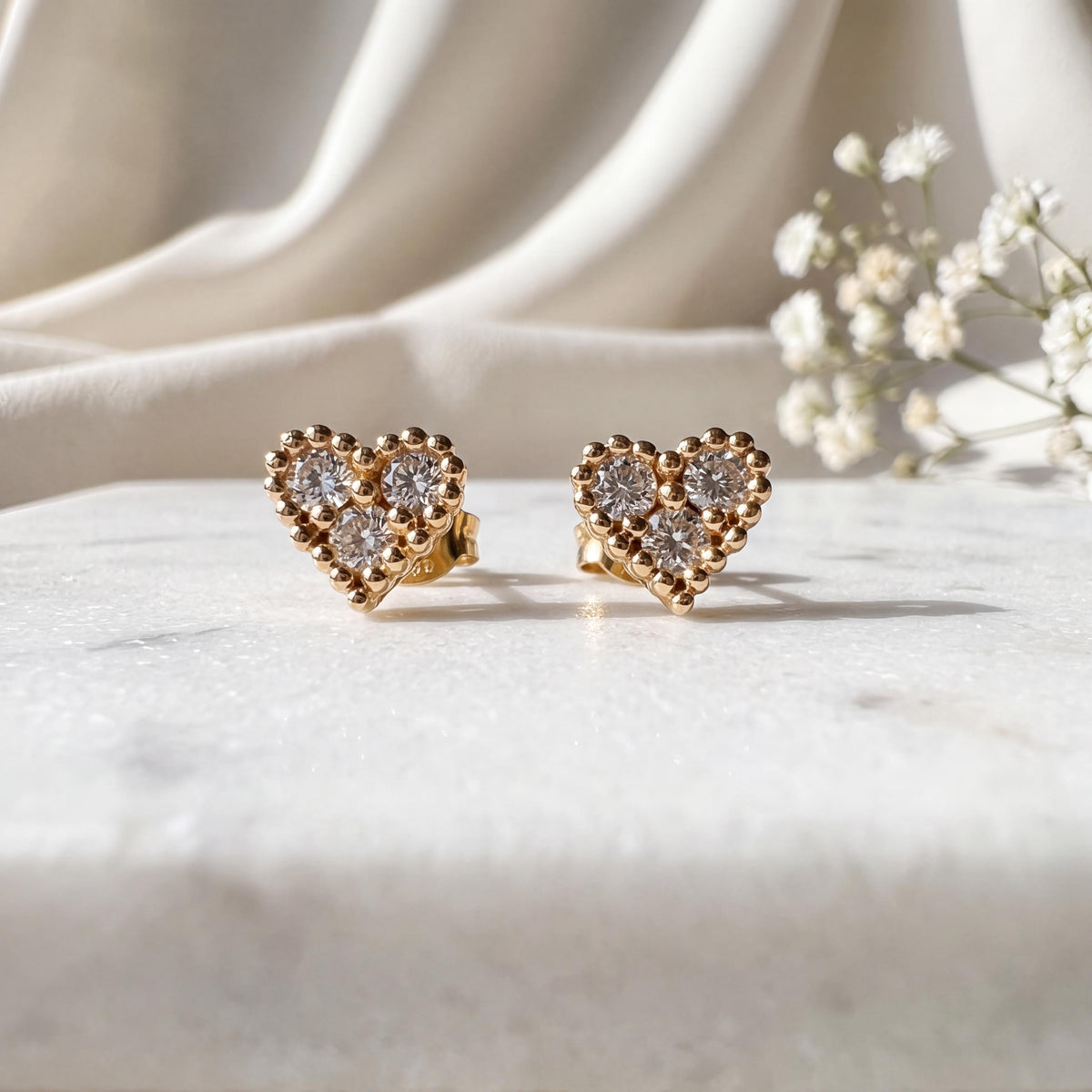 Genuine Diamond Heart Stud Earrings, 18k Yellow or Rose Gold, April Birthstone, Gift for Her