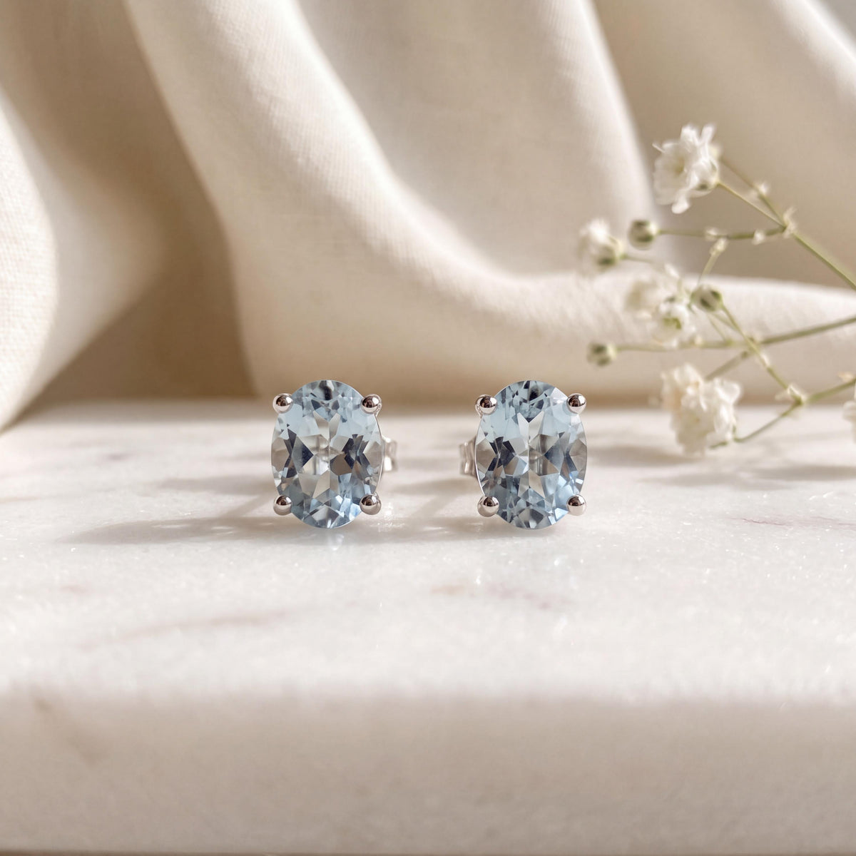 Genuine Aquamarine Oval Cut Mini Stud Earrings, 14k Solid Gold, March Birthstone, Gift for Her