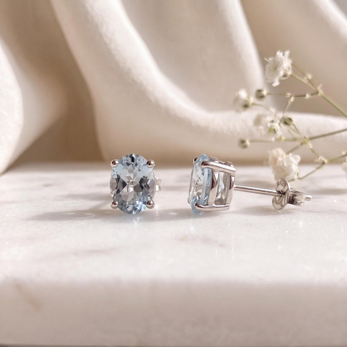 Genuine Aquamarine Oval Cut Mini Stud Earrings, 14k Solid Gold, March Birthstone, Gift for Her