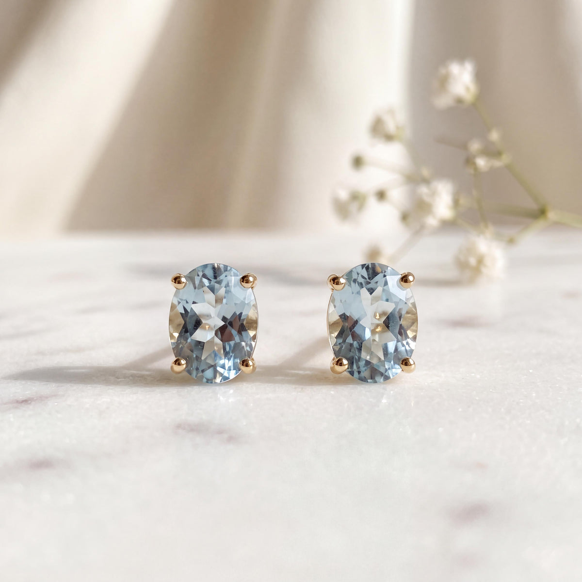 Genuine Aquamarine Oval Cut Mini Stud Earrings, 14k Solid Gold, March Birthstone, Gift for Her