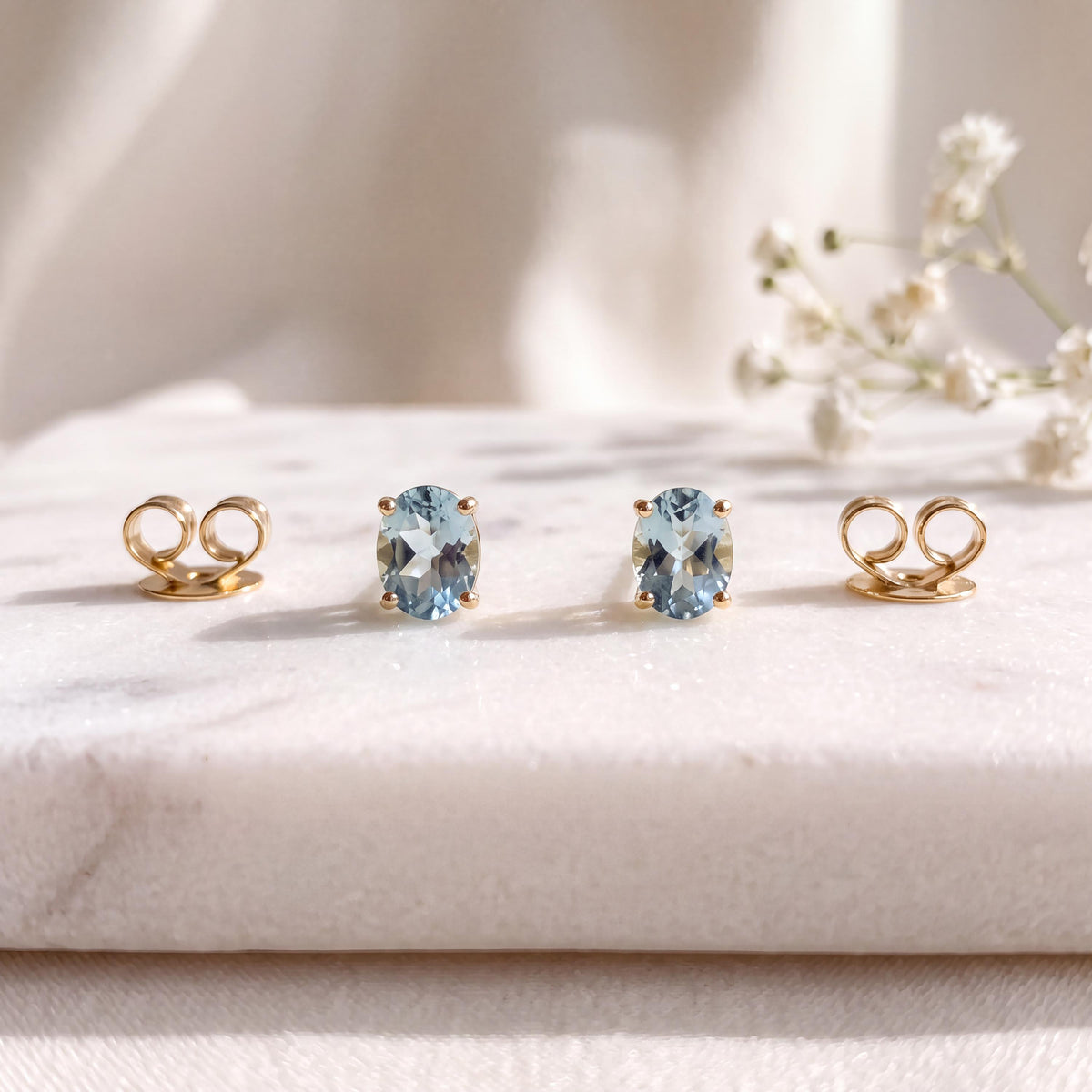 Genuine Aquamarine Oval Cut Mini Stud Earrings, 14k Solid Gold, March Birthstone, Gift for Her