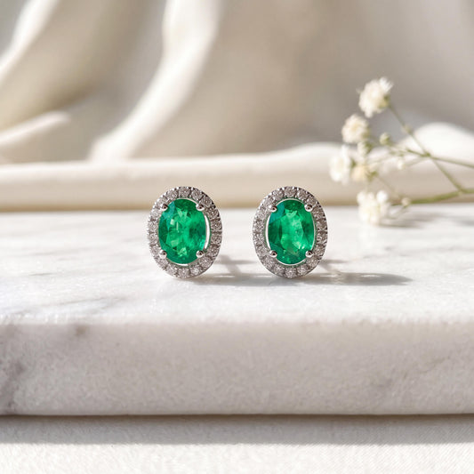 18k White Gold Oval Emerald Diamond Halo Stud Earrings, May Birthstone Gift