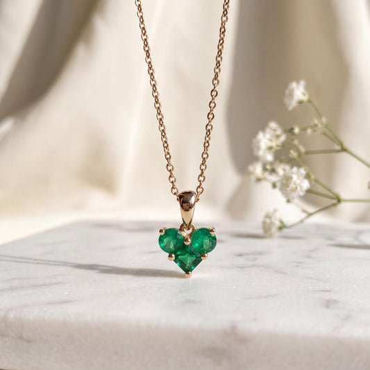 Genuine Emerald Cluster Heart Pendant, 14k Solid Gold, May Birthstone, Gift for Her