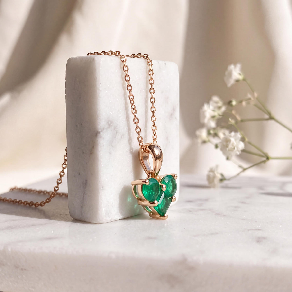 Genuine Emerald Cluster Heart Pendant, 14k Solid Gold, May Birthstone, Gift for Her