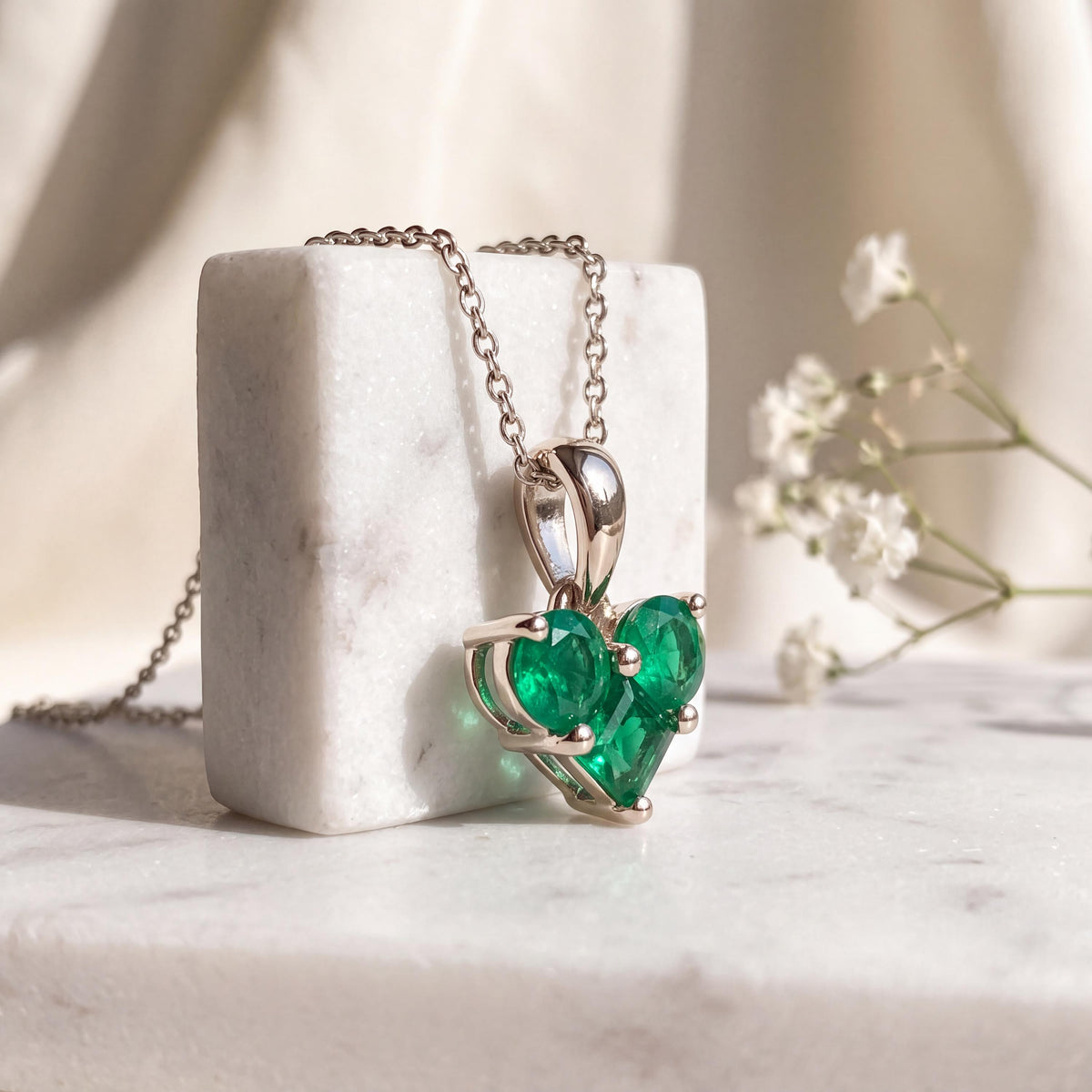 Genuine Emerald Cluster Heart Pendant, 14k Solid Gold, May Birthstone, Gift for Her