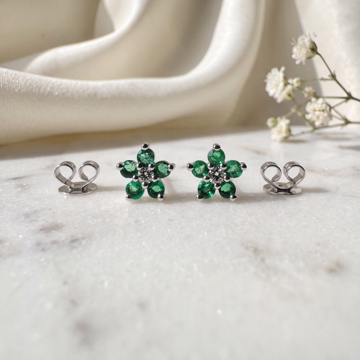Genuine Emerald and Diamond Flower Stud Earrings / 14k Solid Gold