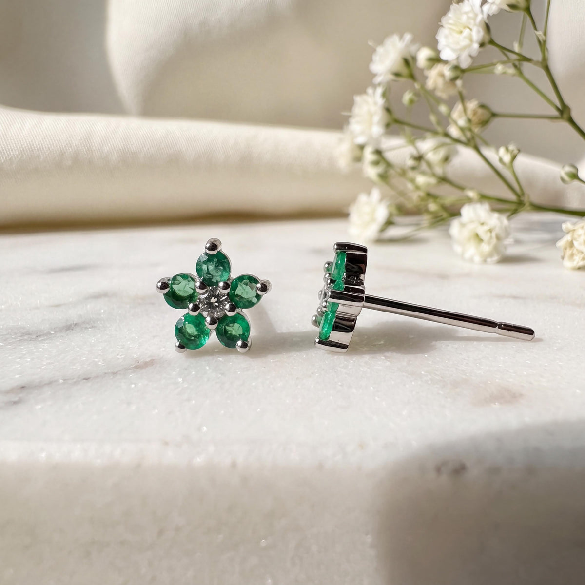 Genuine Emerald and Diamond Flower Stud Earrings / 14k Solid Gold
