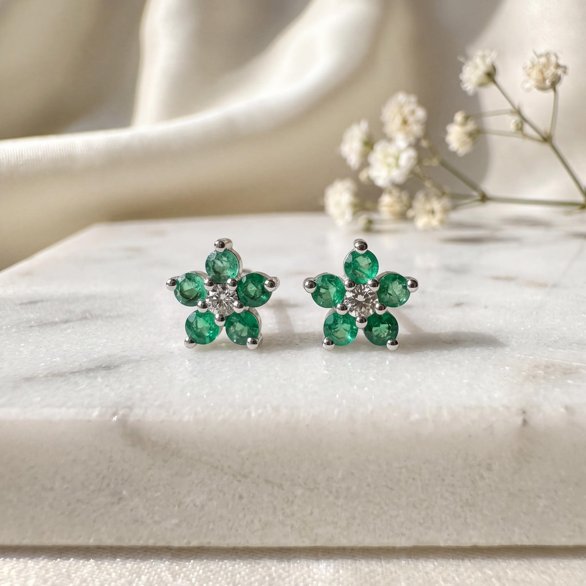 Genuine Emerald and Diamond Flower Stud Earrings / 14k Solid Gold