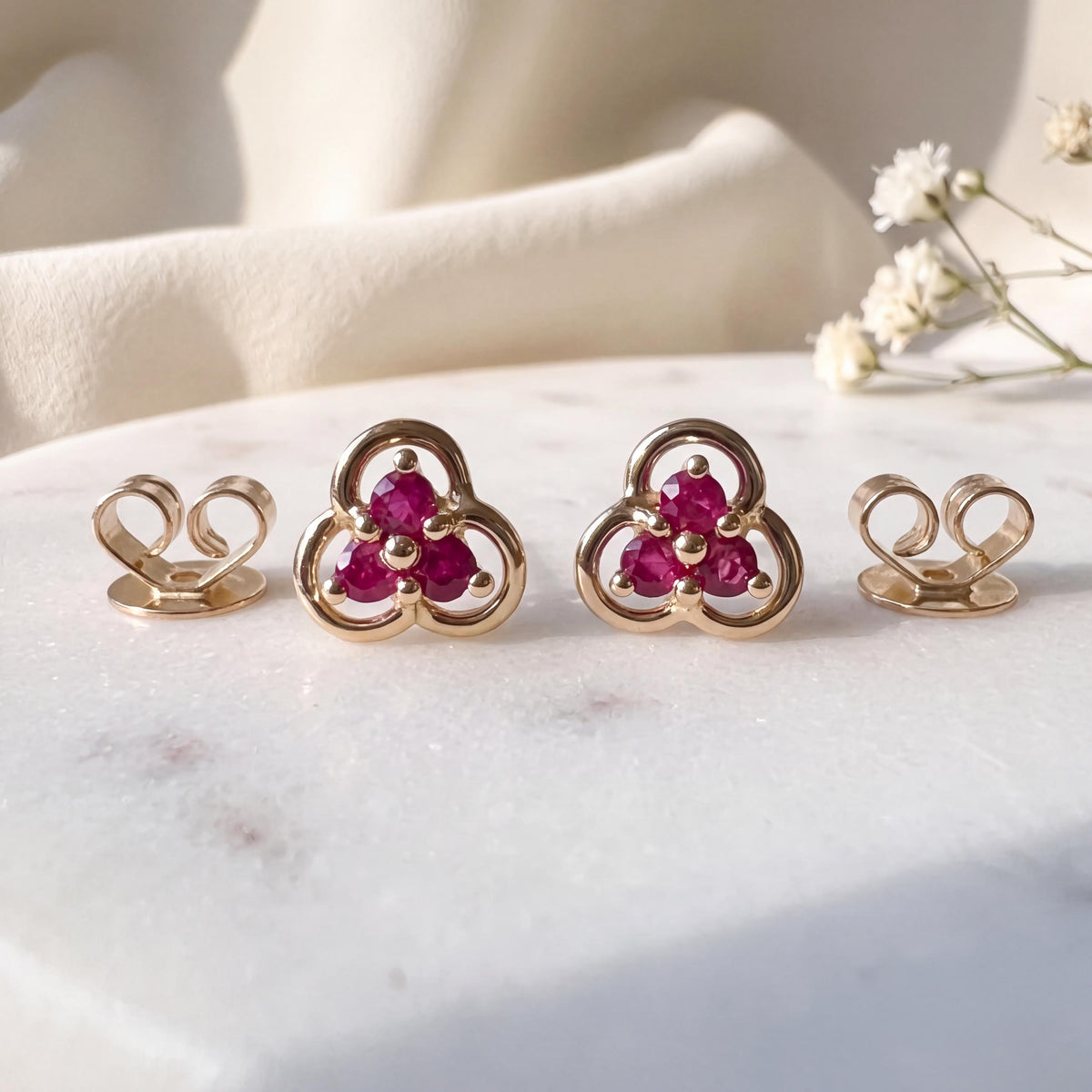 Genuine Ruby Trio Studs / 14k Solid Gold
