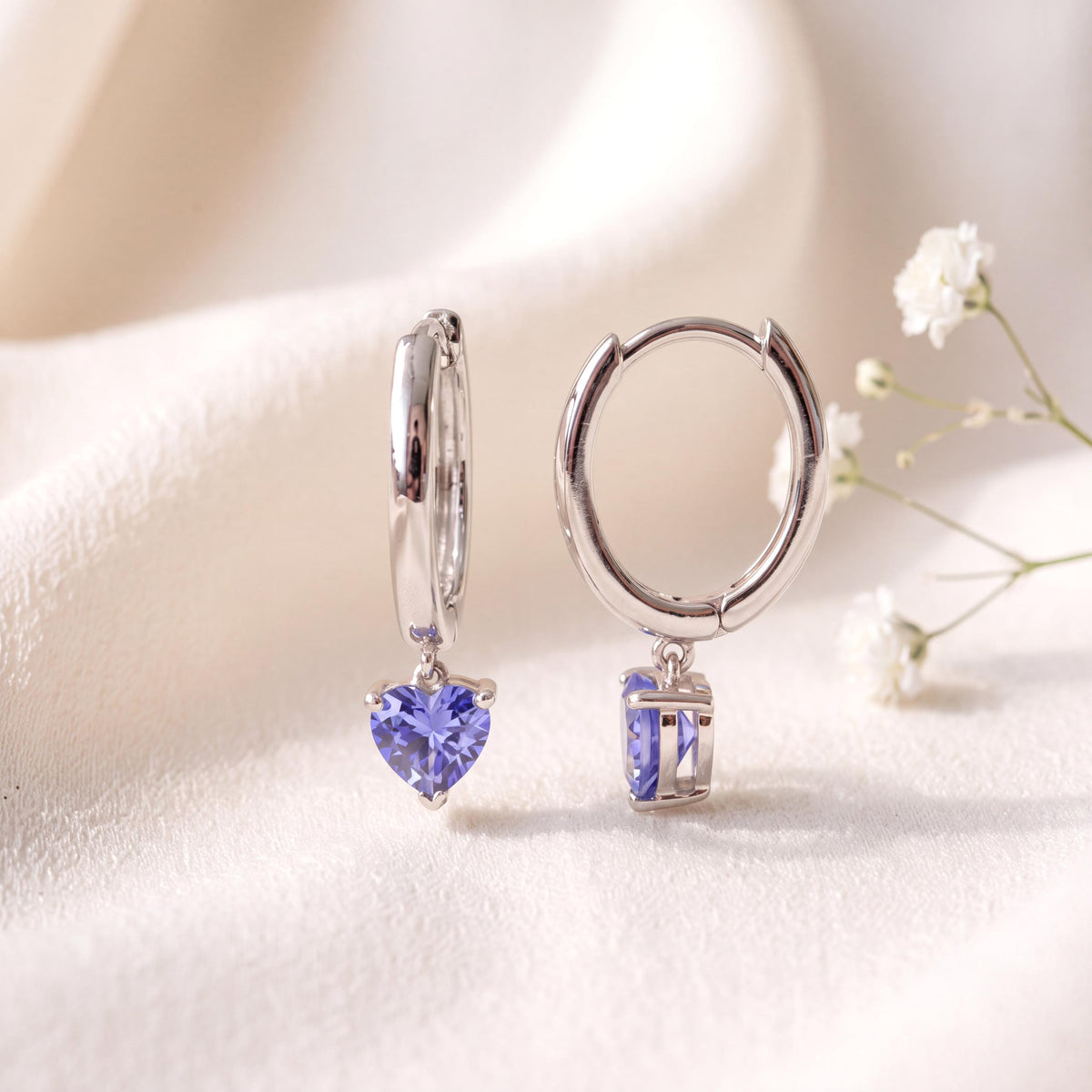 14k Solid Gold Ceylon Sapphire Heart Dangle Hoop Earrings, September Birthstone Gift