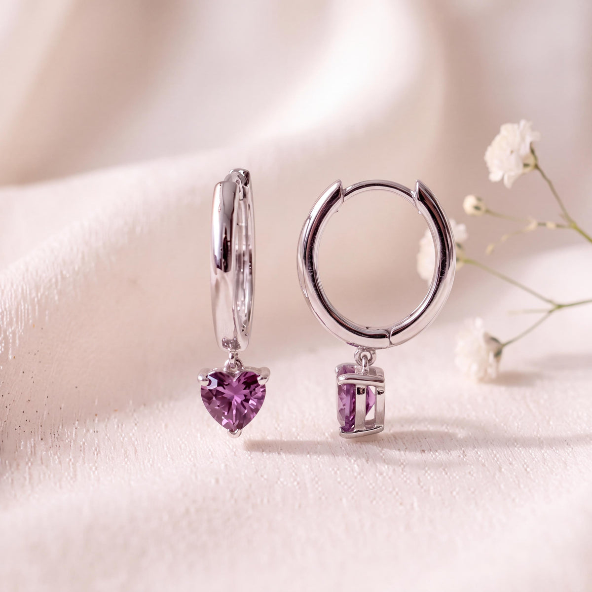 14k Solid Gold Heart Dangle Hoop Earrings, Purple Sapphire, September Birthstone Gift