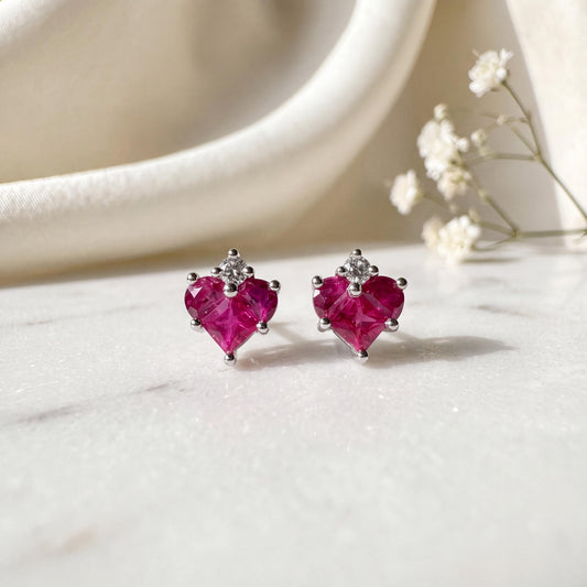 Genuine Ruby and Diamond Pavè Heart Earrings / 14k Solid Gold