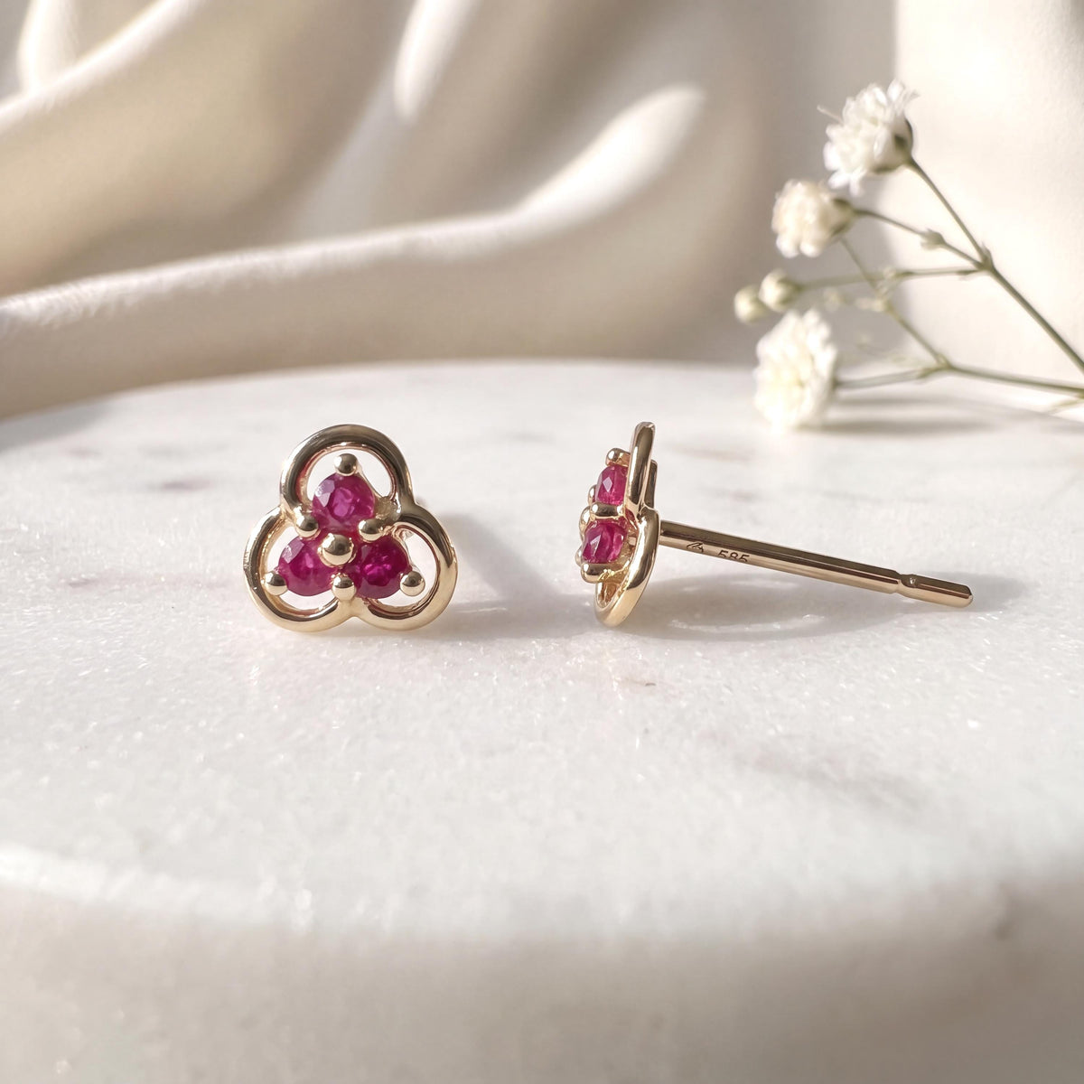 Genuine Ruby Trio Studs / 14k Solid Gold