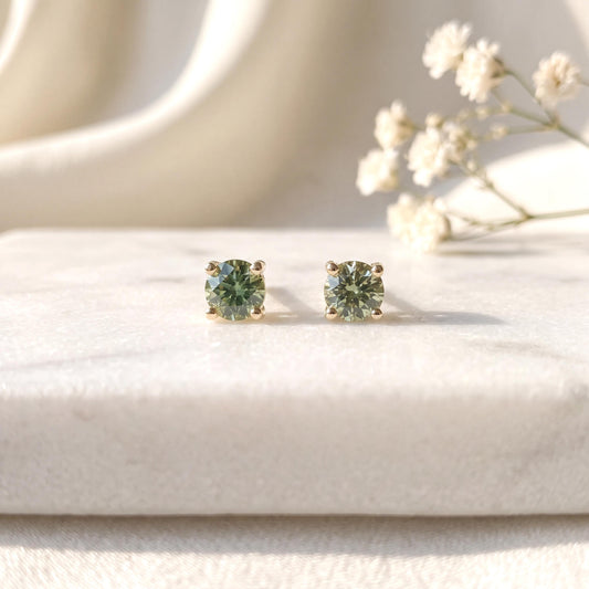 Genuine Green Sapphire 3 mm Round Cut Solitaire Stud Earrings | 14k Solid Gold