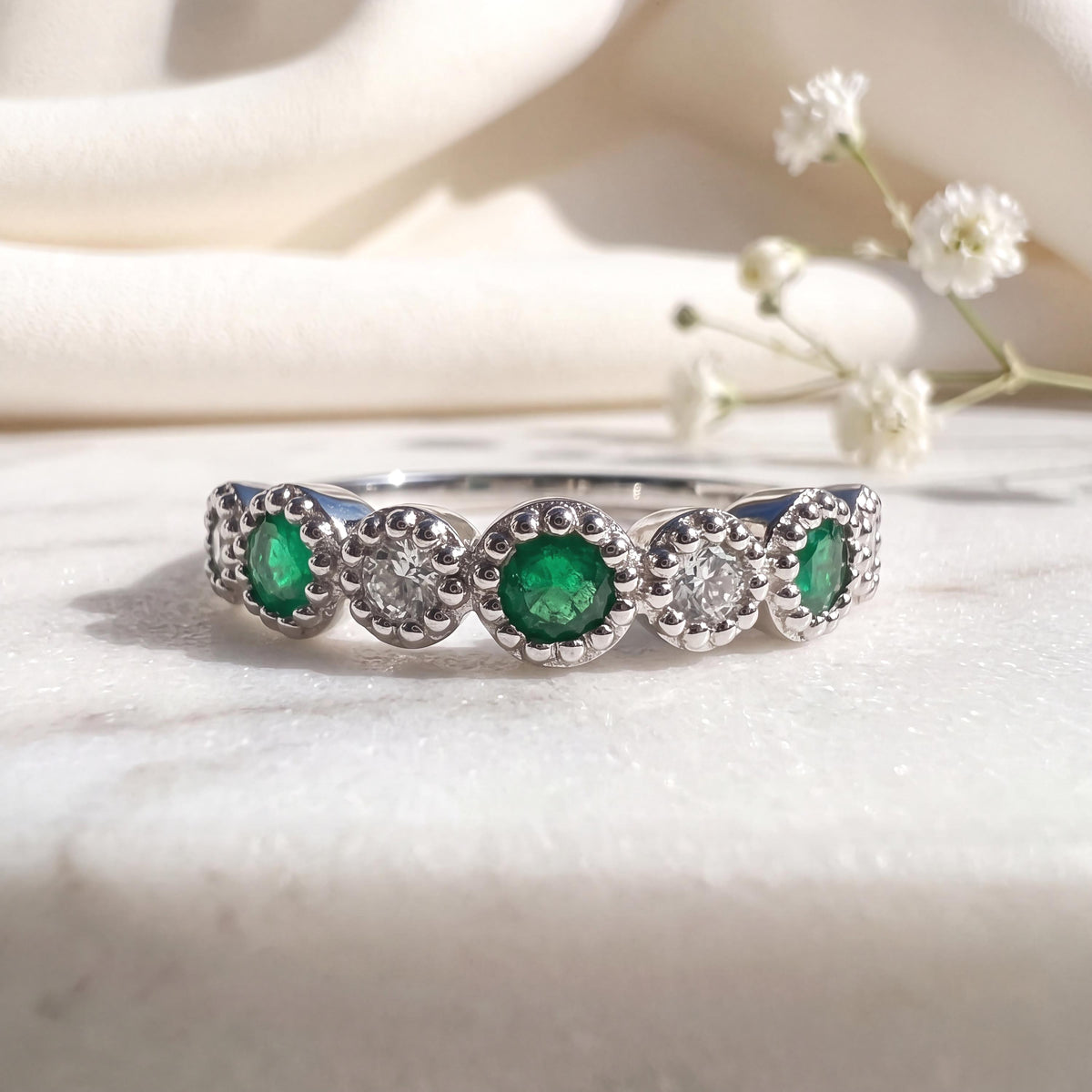Genuine Emerald and Diamond Eternity Ring, 14k Solid White Gold, May Birthstone Gift