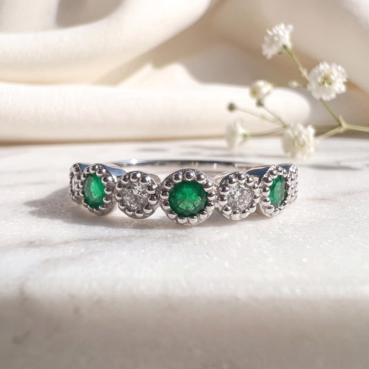Genuine Emerald and Diamond Eternity Ring, 14k Solid White Gold, May Birthstone Gift