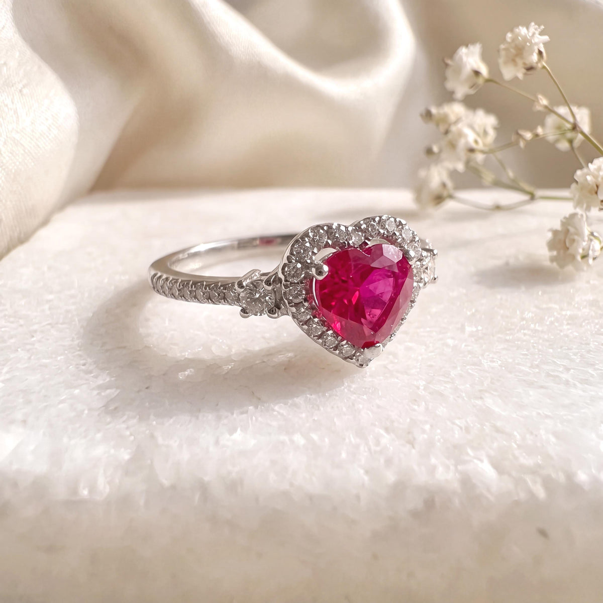 14k Solid White Gold Ruby & Diamond Heart Halo Ring, Natural Ruby and Diamond, July Birthstone Gift