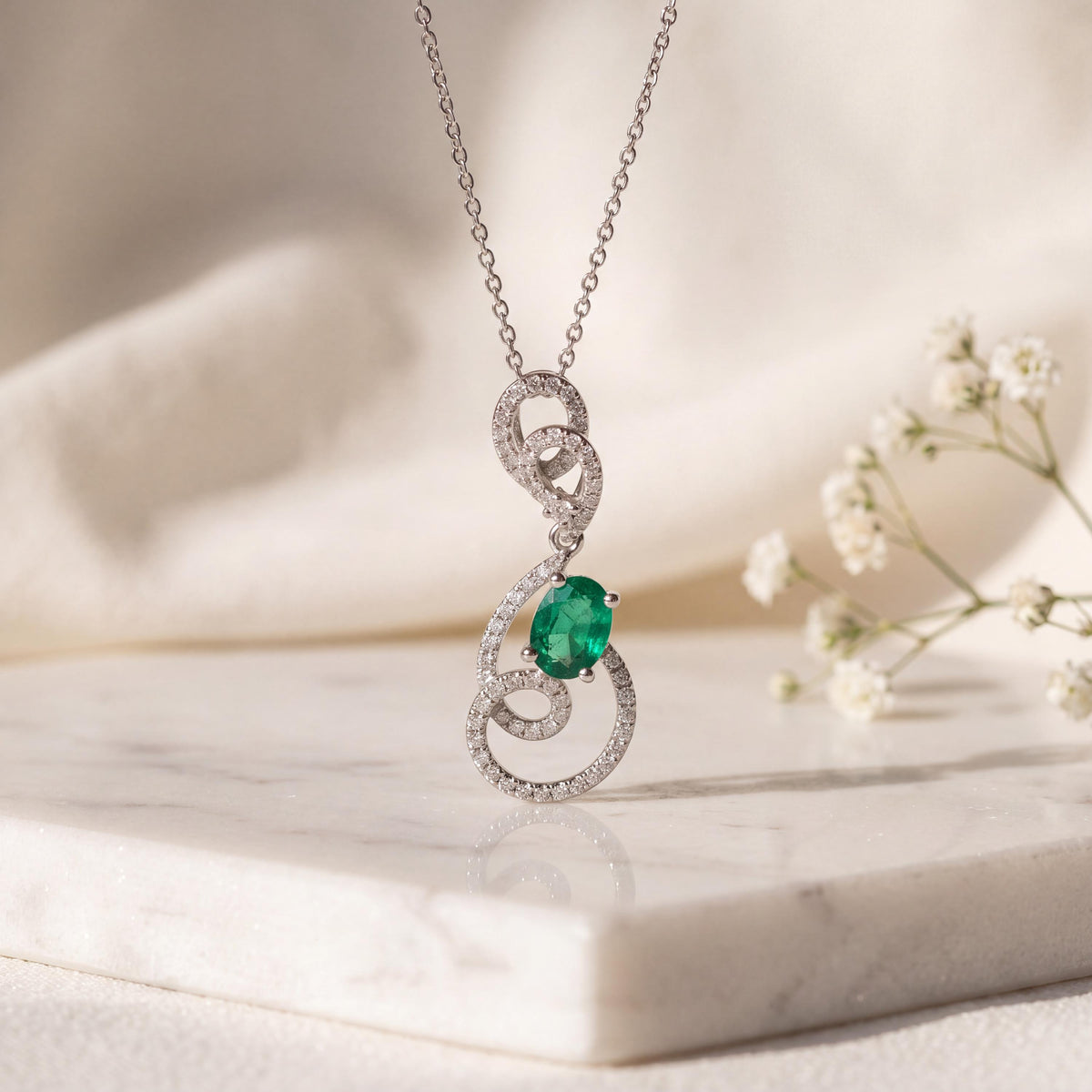 Genuine Emerald and Diamond Oval Cut Swirl Halo Pendant, 14k Solid White Gold, May Birthstone