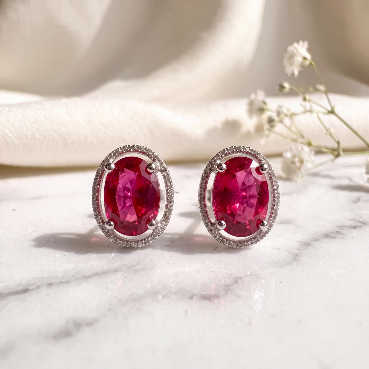 Genuine Oval Cut Ruby Halo Stud Earrings, 14k Solid White Gold, July Birthstone