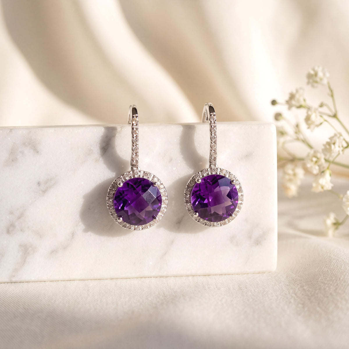14k White Gold Amethyst Diamond Halo Stud Earrings, February Birthstone Gift