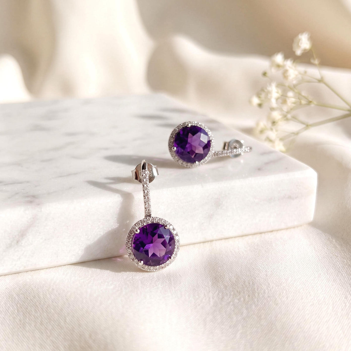 14k White Gold Amethyst Diamond Halo Stud Earrings, February Birthstone Gift