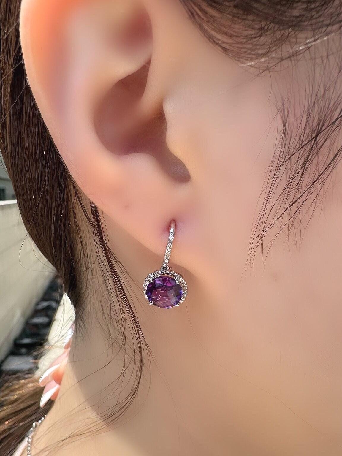 14k White Gold Amethyst Diamond Halo Stud Earrings, February Birthstone Gift