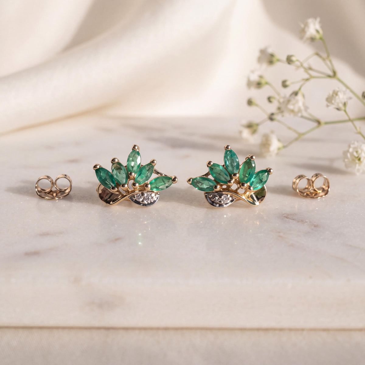 Genuine Emerald and Diamond Marquise Lotus Stud Earrings, 14k Solid Gold, May Birthstone Gift