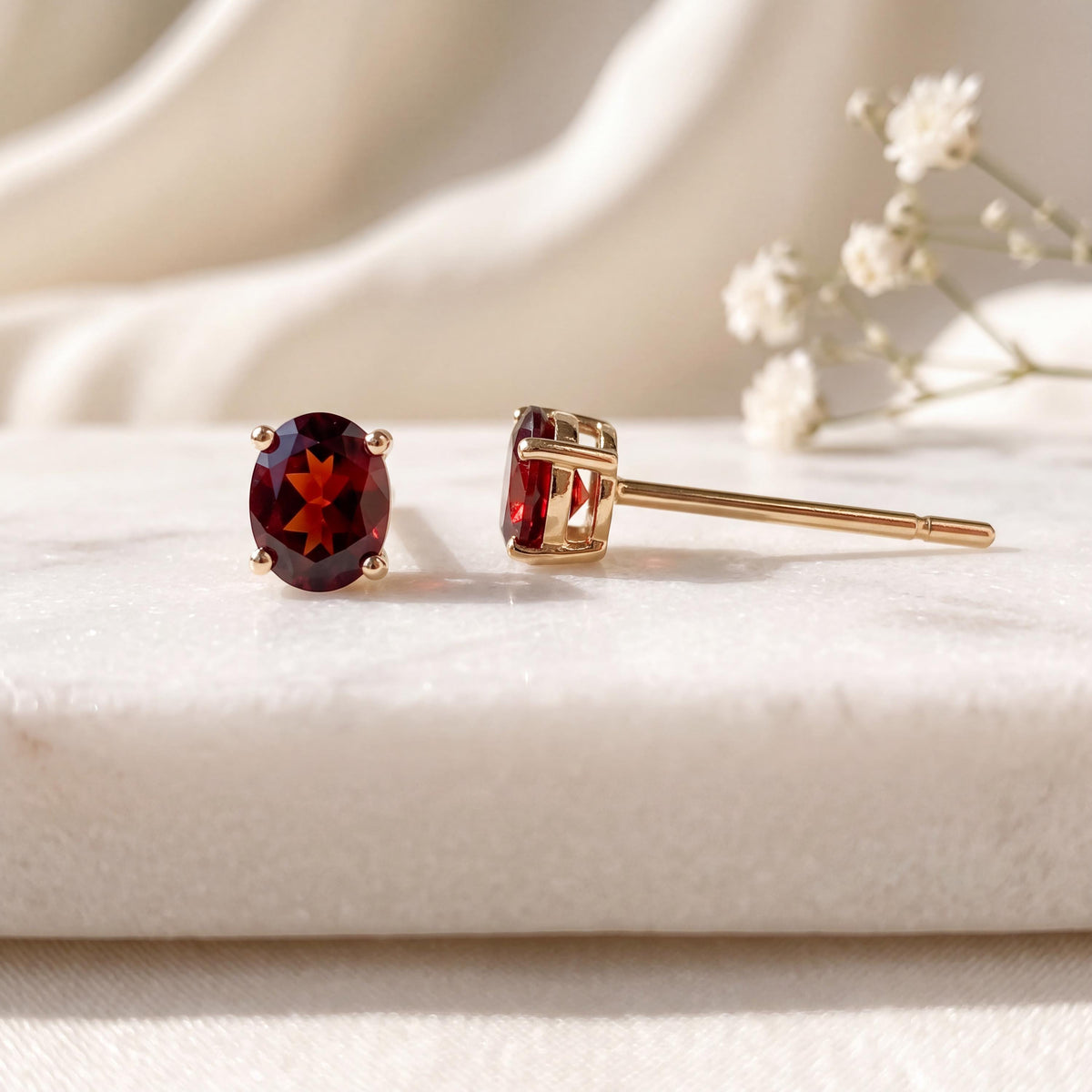 Genuine Garnet Oval Cut Mini Stud Earrings, 14k Solid Gold, January Birthstone Gift