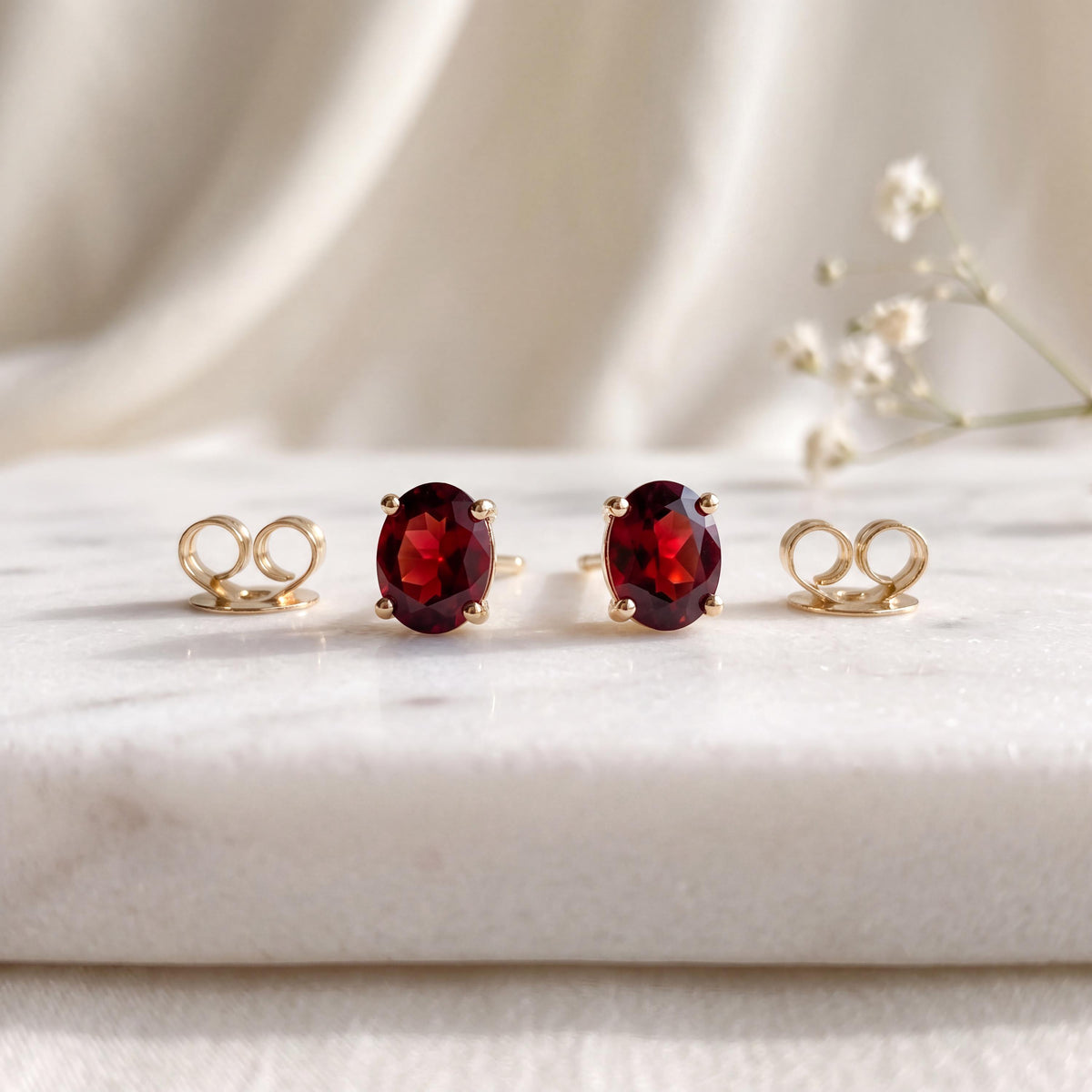Genuine Garnet Oval Cut Mini Stud Earrings, 14k Solid Gold, January Birthstone Gift