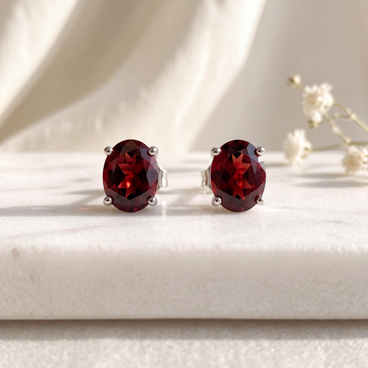 Genuine Garnet Oval Cut Mini Stud Earrings, 14k Solid Gold, January Birthstone Gift