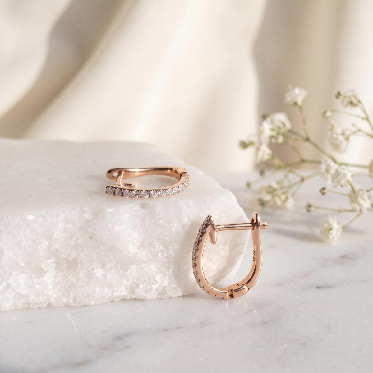 Genuine Dainty Diamond Latchback Hoop Earrings, 18k Solid Gold, April Birthstone Gift