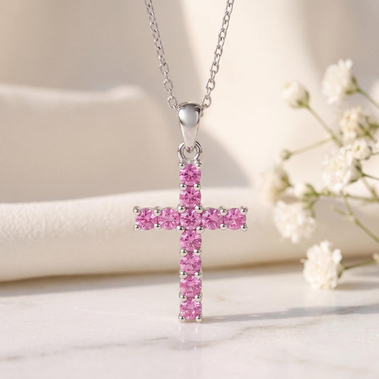 Genuine Pink Sapphire Cross Pendant (Medium) / 14k Solid Gold