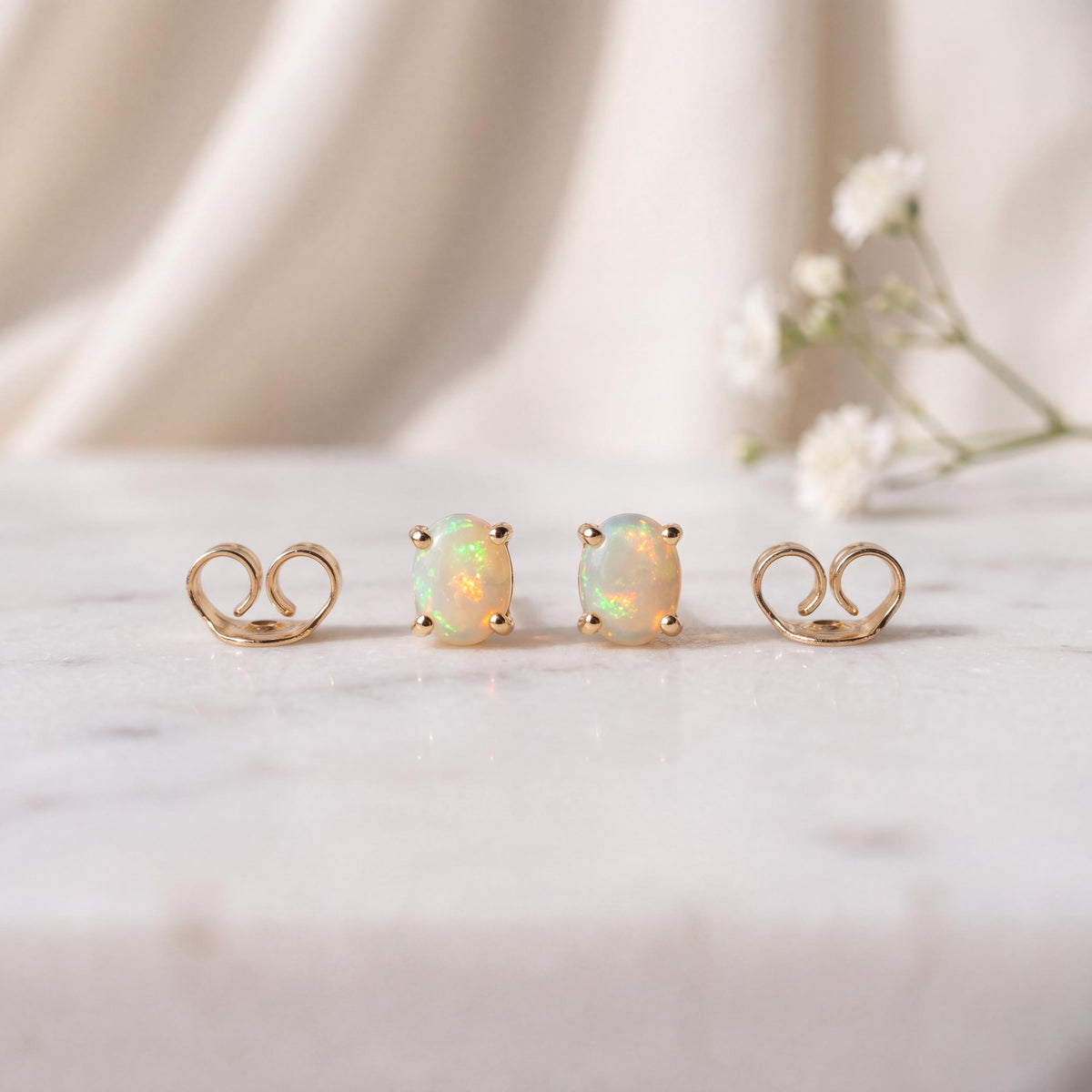 14k Solid Gold Oval Opal Stud Earrings, October Birthstone, Natural Gemstone