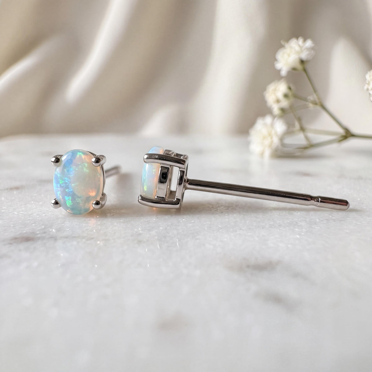 14k Solid Gold Oval Opal Stud Earrings, October Birthstone, Natural Gemstone