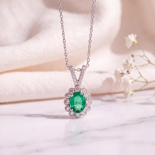 18k White Gold Oval Emerald Diamond Halo Pendant, May Birthstone Jewelry