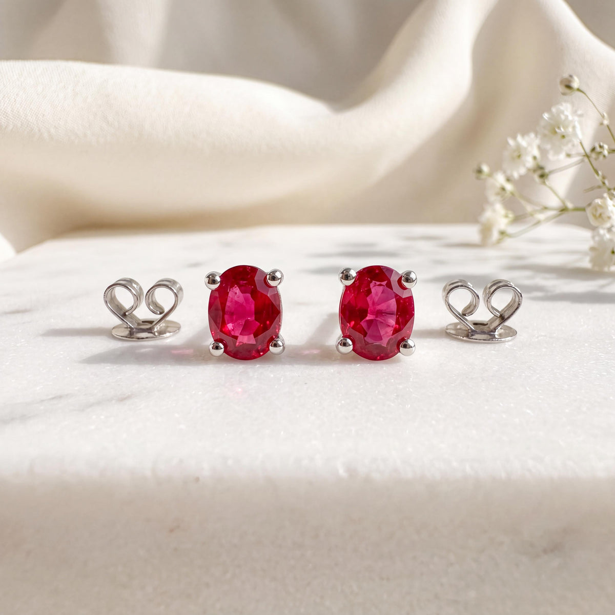 Genuine Ruby Oval Cut Solitaire Stud Earrings, 14k Solid White Gold, July Birthstone, Gift for Her
