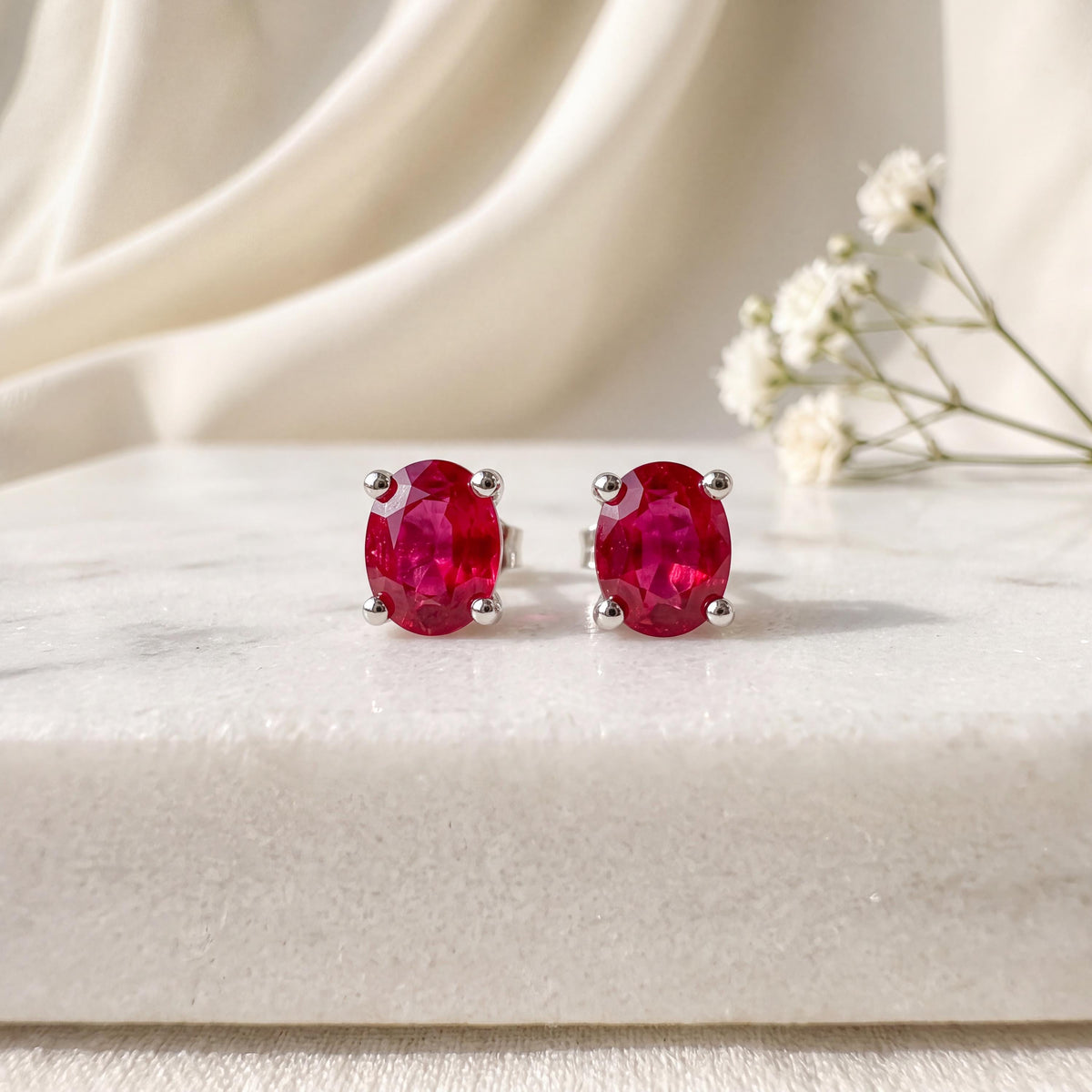 Genuine Ruby Oval Cut Solitaire Stud Earrings, 14k Solid White Gold, July Birthstone, Gift for Her