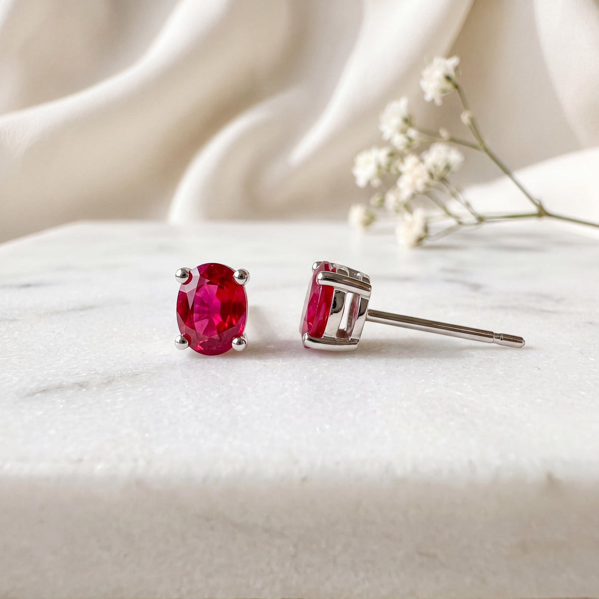 Genuine Ruby Oval Cut Solitaire Stud Earrings, 14k Solid White Gold, July Birthstone, Gift for Her