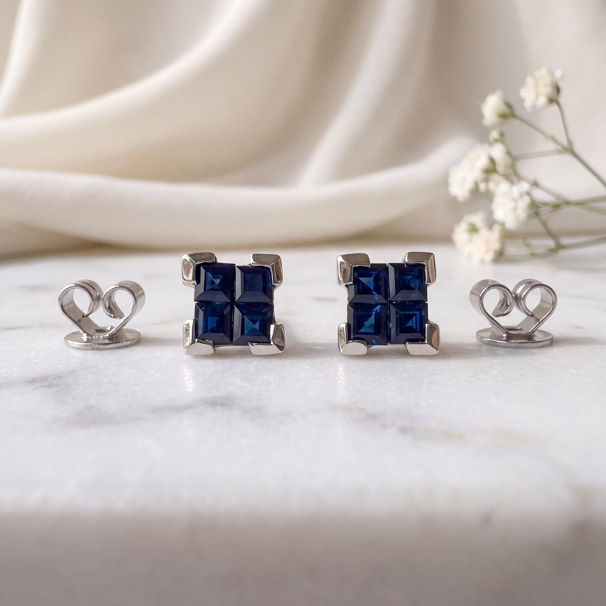 Genuine Princess Cut Sapphire Square Cluster Stud Earrings, 14k Solid White Gold, September Birthstone Gift