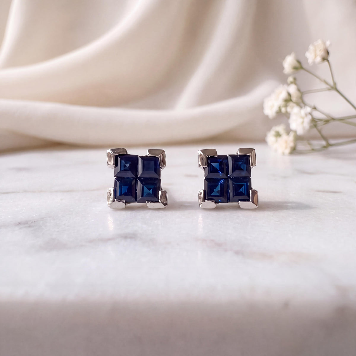 Genuine Princess Cut Sapphire Square Cluster Stud Earrings, 14k Solid White Gold, September Birthstone Gift