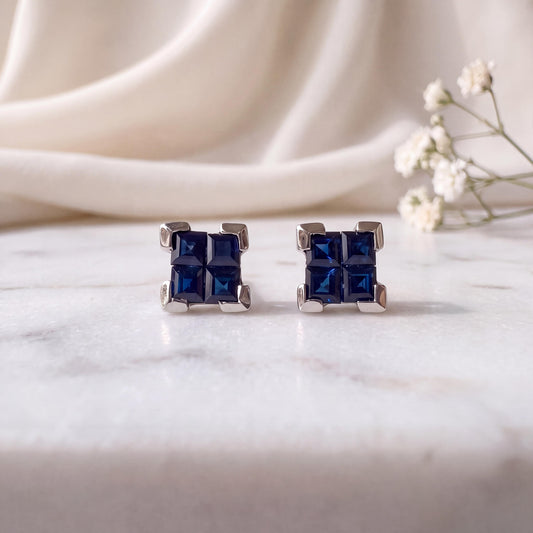 Genuine Princess Cut Sapphire Square Cluster Stud Earrings, 14k Solid White Gold, September Birthstone Gift