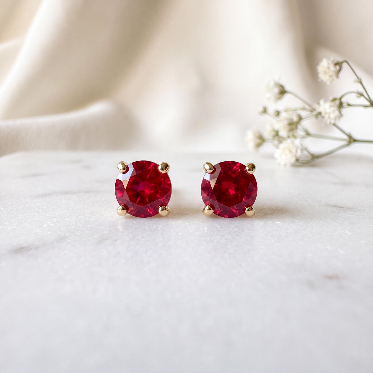 Genuine Ruby Solitaire Stud Earrings, 4mm Round Cut, 14k Yellow Gold, July Birthstone Gift