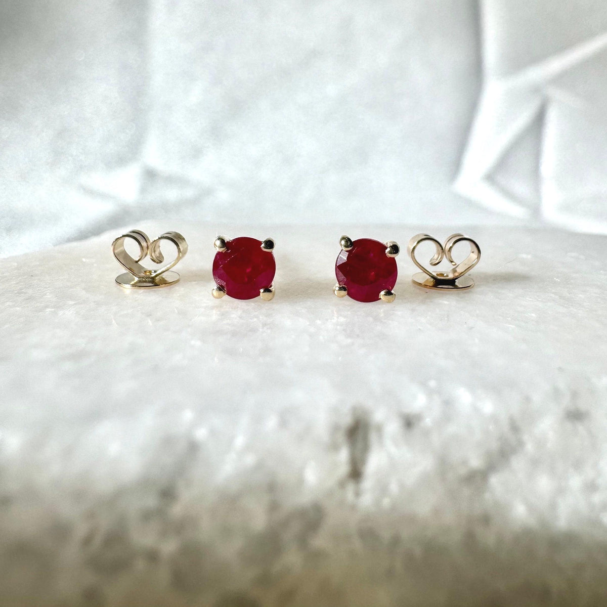 Genuine Ruby Solitaire Stud Earrings, 4mm Round Cut, 14k Yellow Gold, July Birthstone Gift