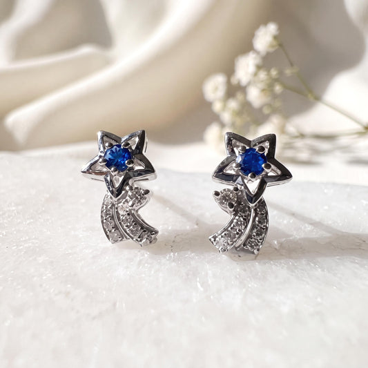 14k White Gold Sapphire Diamond Star Stud Earrings, September Birthstone Gift